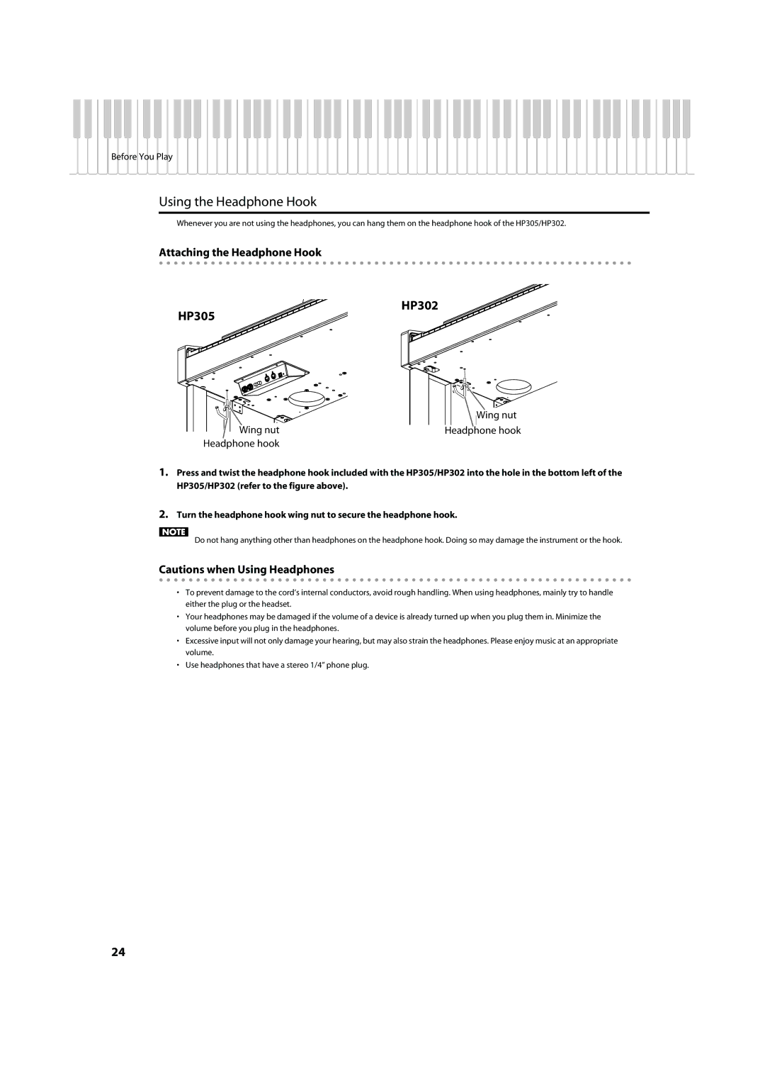 Roland HP305, HP302 important safety instructions Using the Headphone Hook, Attaching the Headphone Hook 