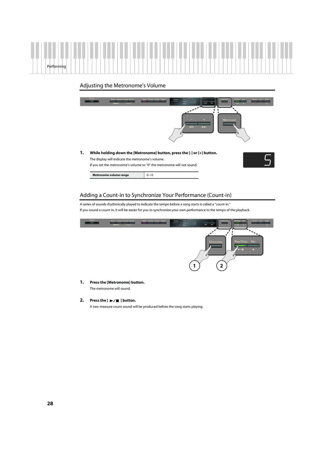 Roland HP305, HP302 Adjusting the Metronome’s Volume, Adding a Count-in to Synchronize Your Performance Count-in 