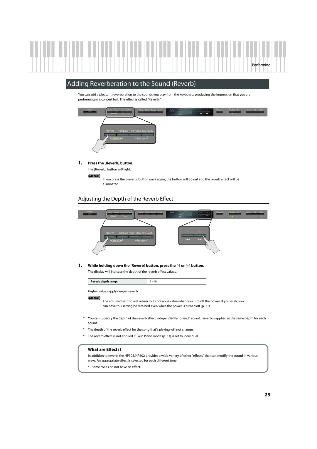 Roland HP302, HP305 Adding Reverberation to the Sound Reverb, Adjusting the Depth of the Reverb Effect, What are Effects? 