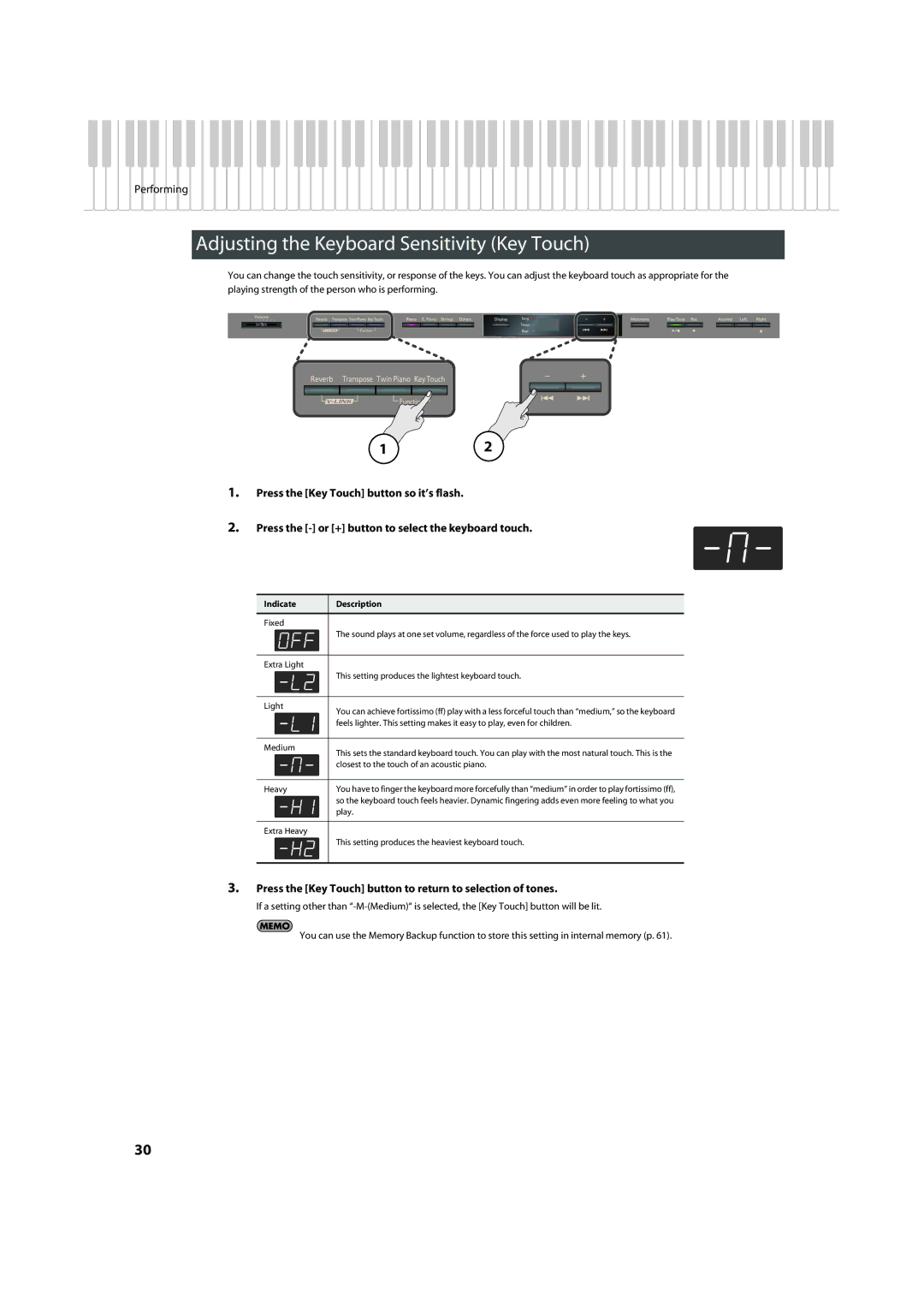 Roland HP305 Adjusting the Keyboard Sensitivity Key Touch, Press the Key Touch button to return to selection of tones 