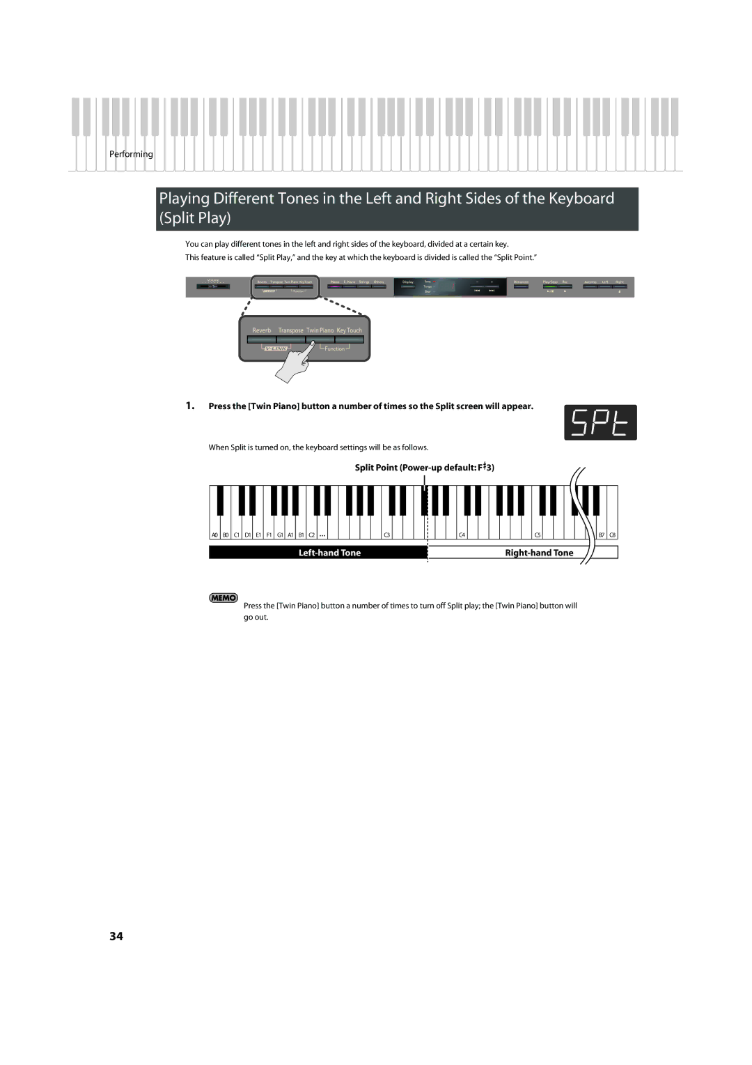 Roland HP305, HP302 important safety instructions Split Point Power-up default F, Right-hand Tone 