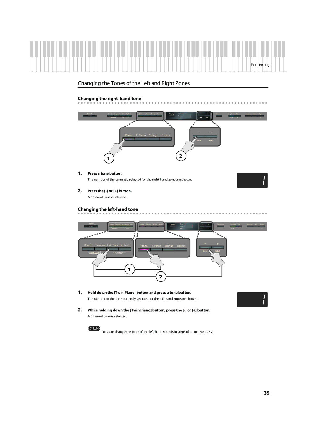 Roland HP302 Changing the Tones of the Left and Right Zones, Changing the right-hand tone, Changing the left-hand tone 