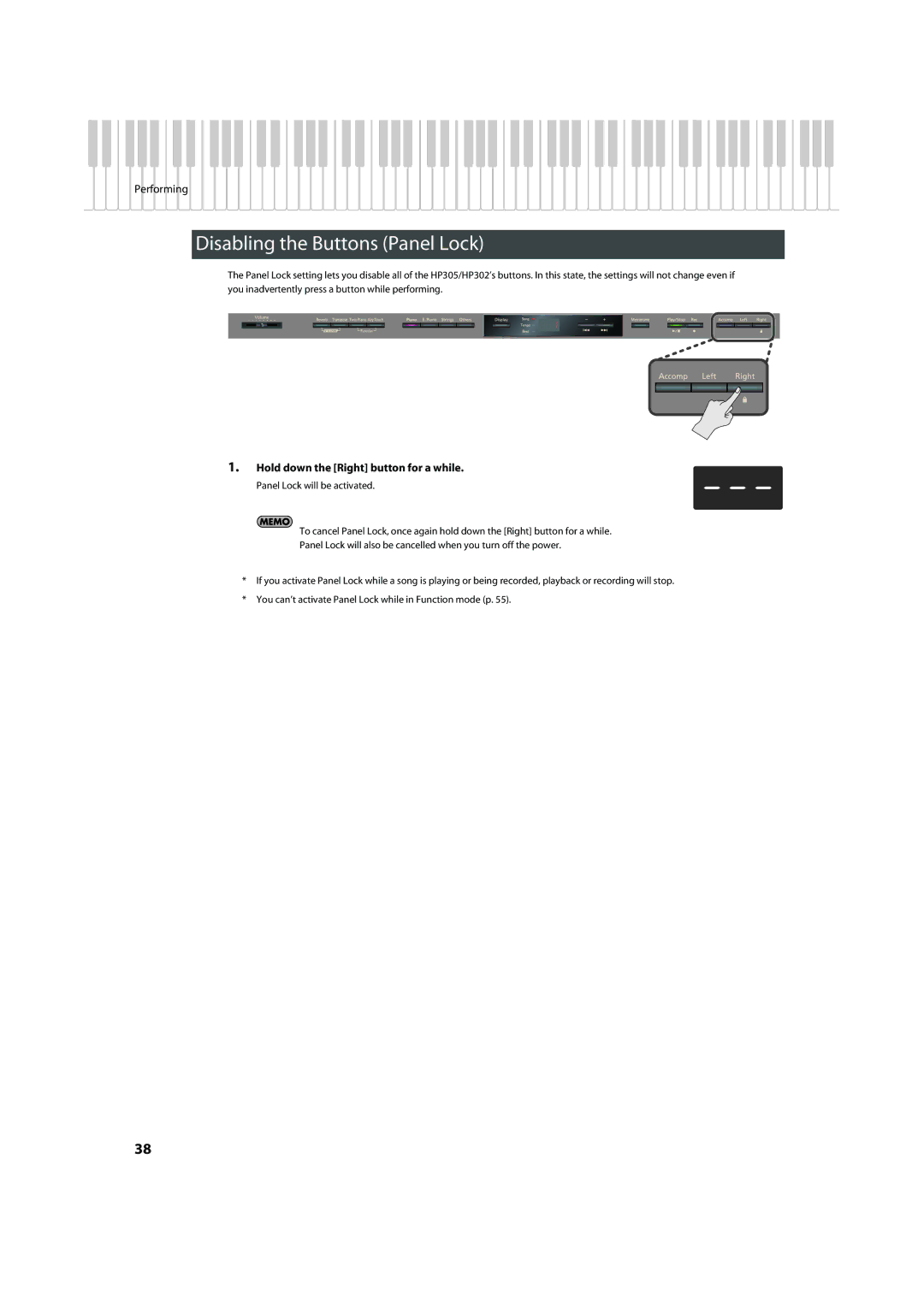 Roland HP305, HP302 important safety instructions Disabling the Buttons Panel Lock, Hold down the Right button for a while 