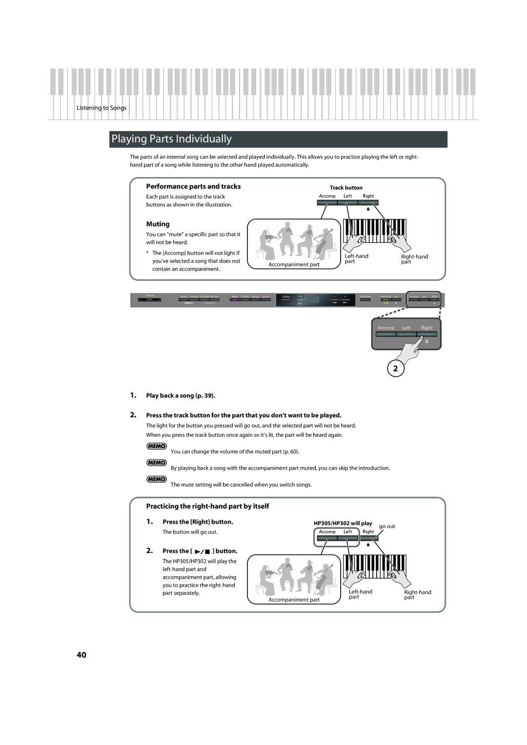 Roland HP305 Playing Parts Individually, Performance parts and tracks, Muting, Practicing the right-hand part by itself 