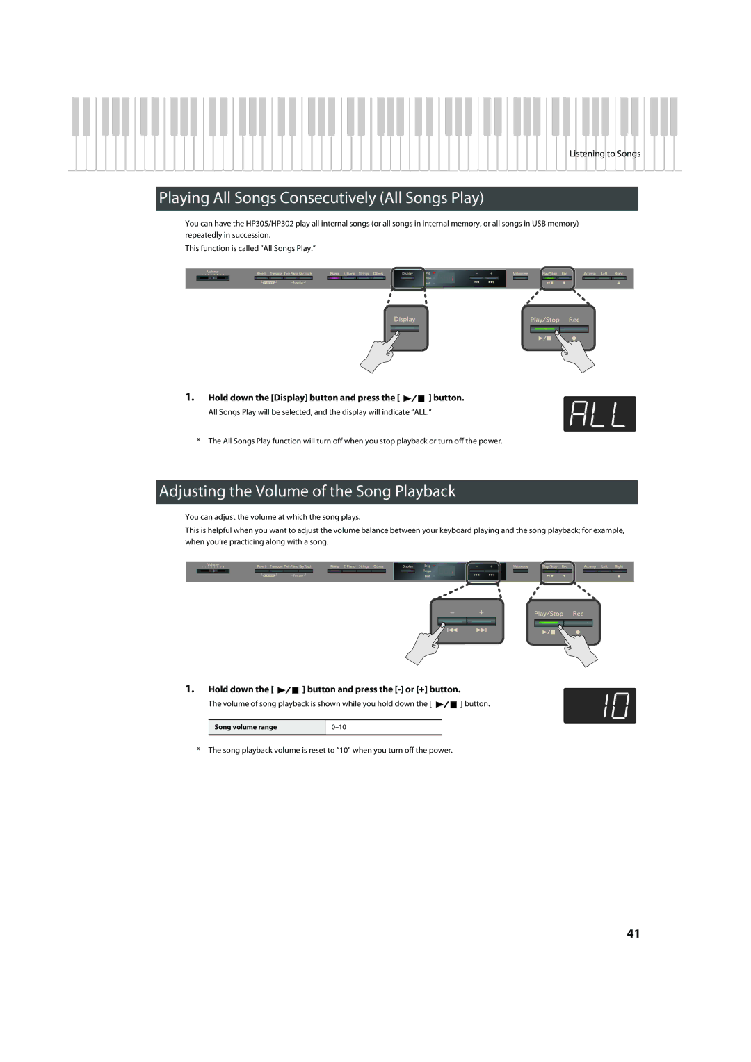 Roland HP302 Playing All Songs Consecutively All Songs Play, Adjusting the Volume of the Song Playback, Song volume range 