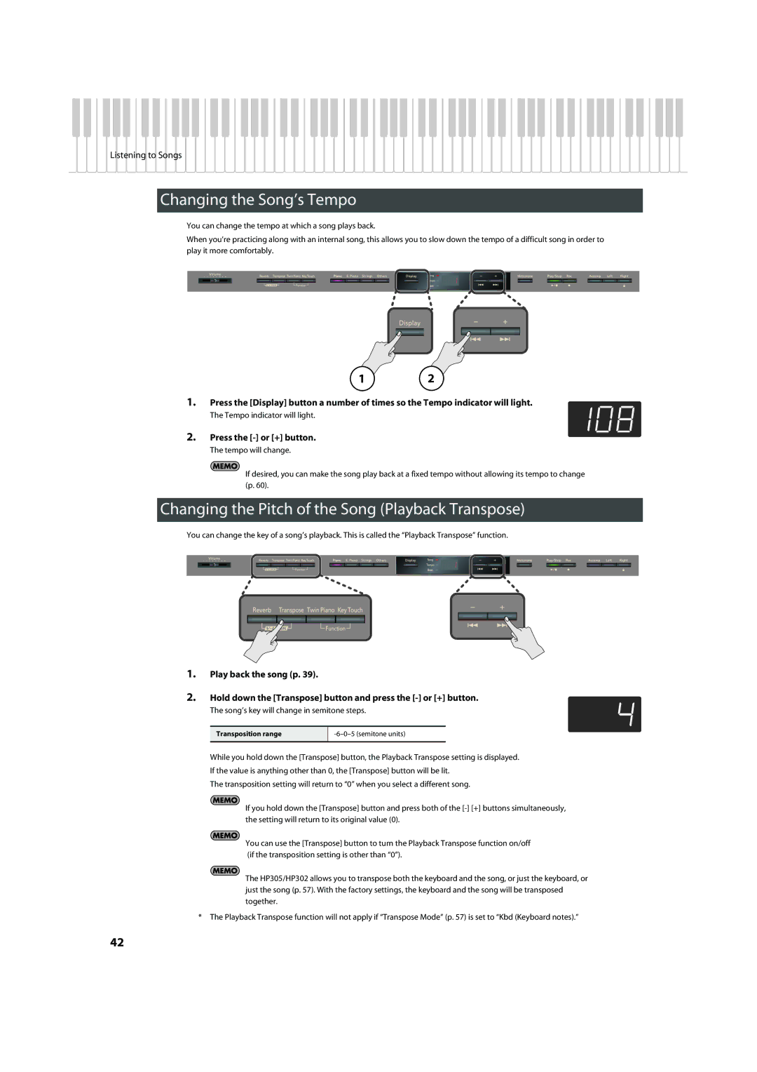 Roland HP305, HP302 Changing the Song’s Tempo, Changing the Pitch of the Song Playback Transpose 