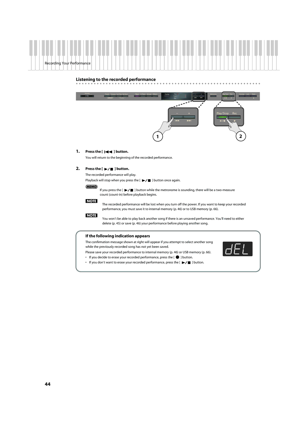 Roland HP305, HP302 important safety instructions Listening to the recorded performance, If the following indication appears 