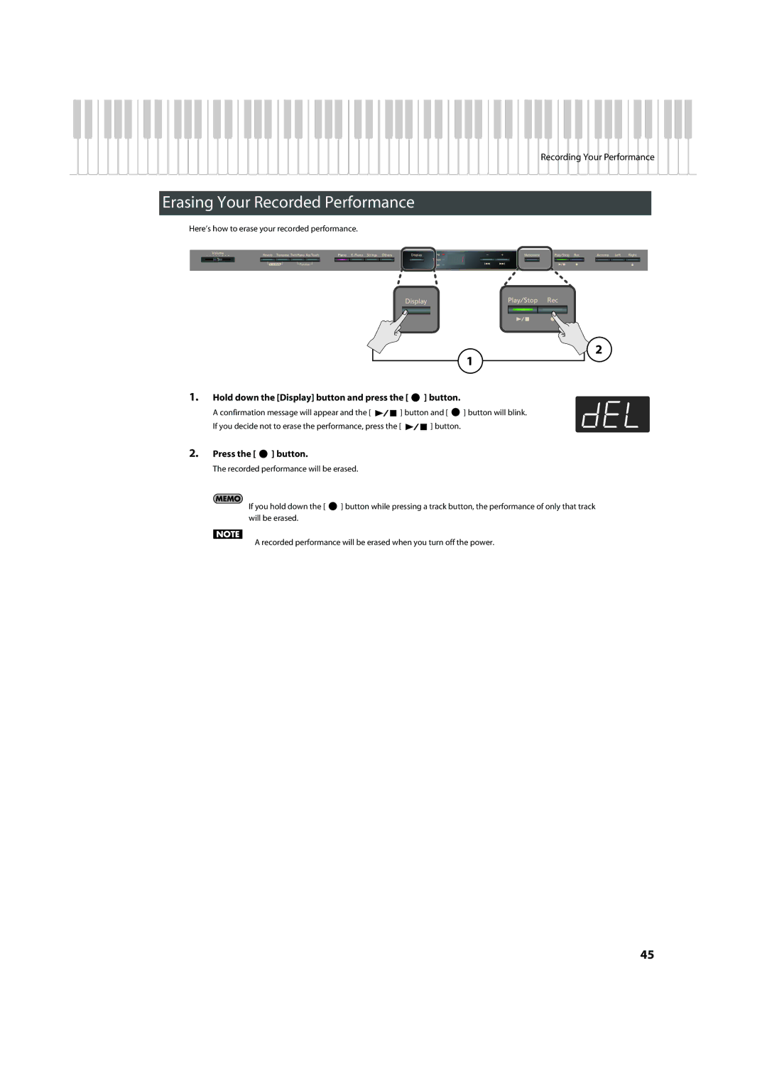 Roland HP302, HP305 Erasing Your Recorded Performance, Hold down the Display button and press the button 