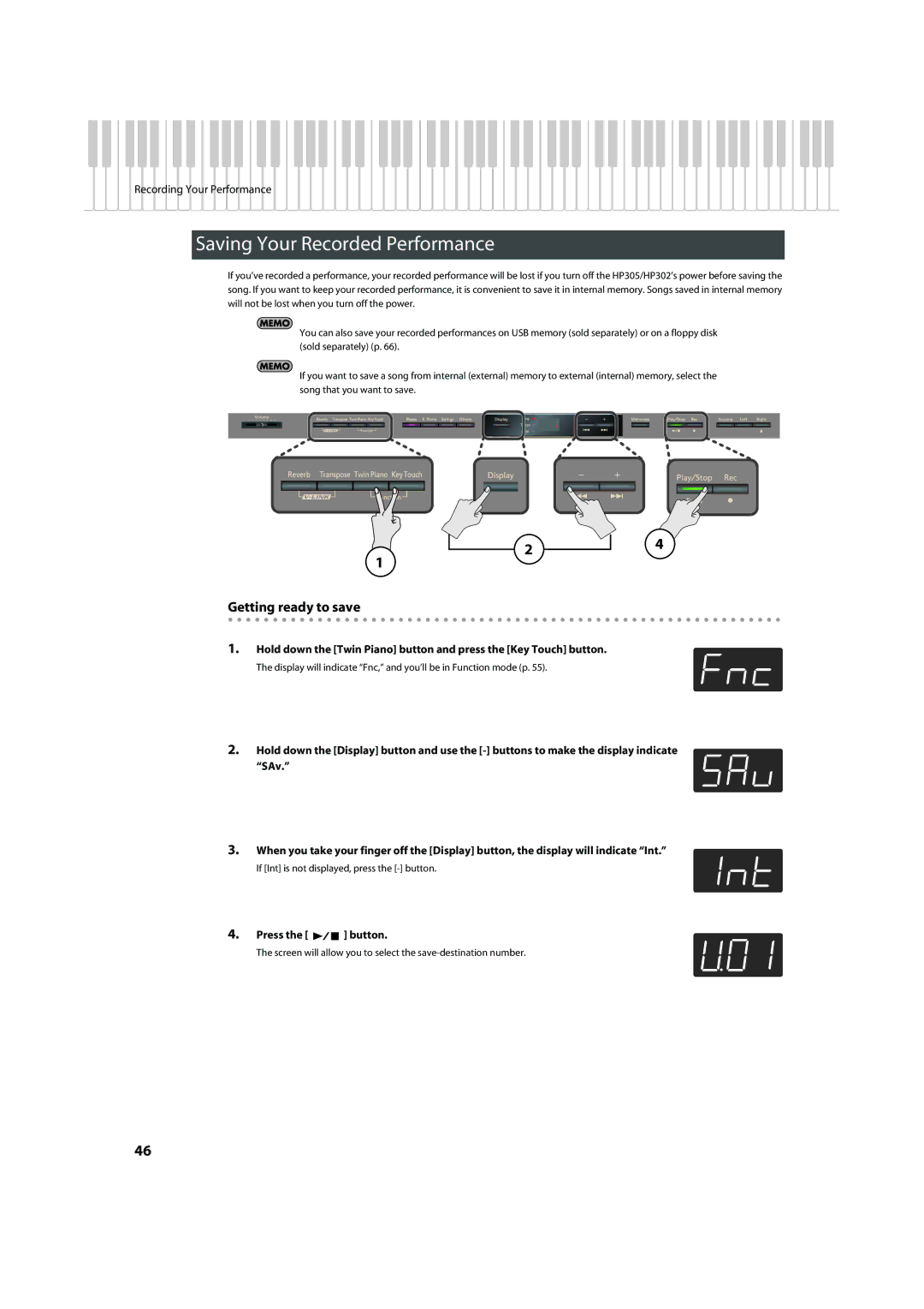 Roland HP305, HP302 important safety instructions Saving Your Recorded Performance, Getting ready to save 