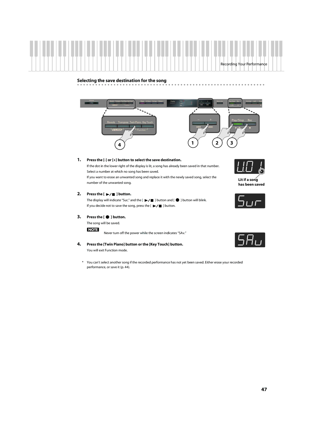 Roland HP302, HP305 Selecting the save destination for the song, Press the or + button to select the save destination 