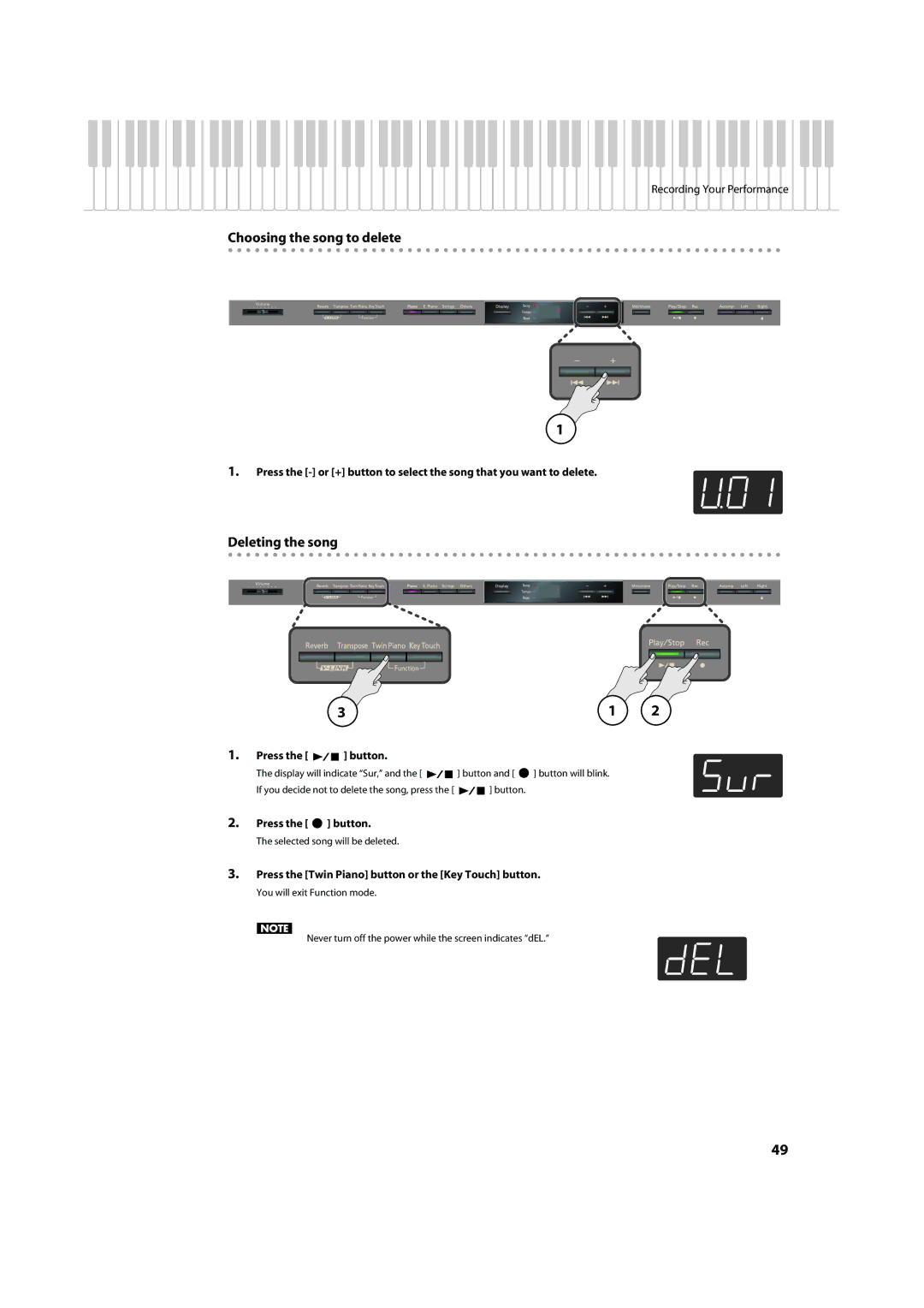 Roland HP302, HP305 important safety instructions Choosing the song to delete, Deleting the song 