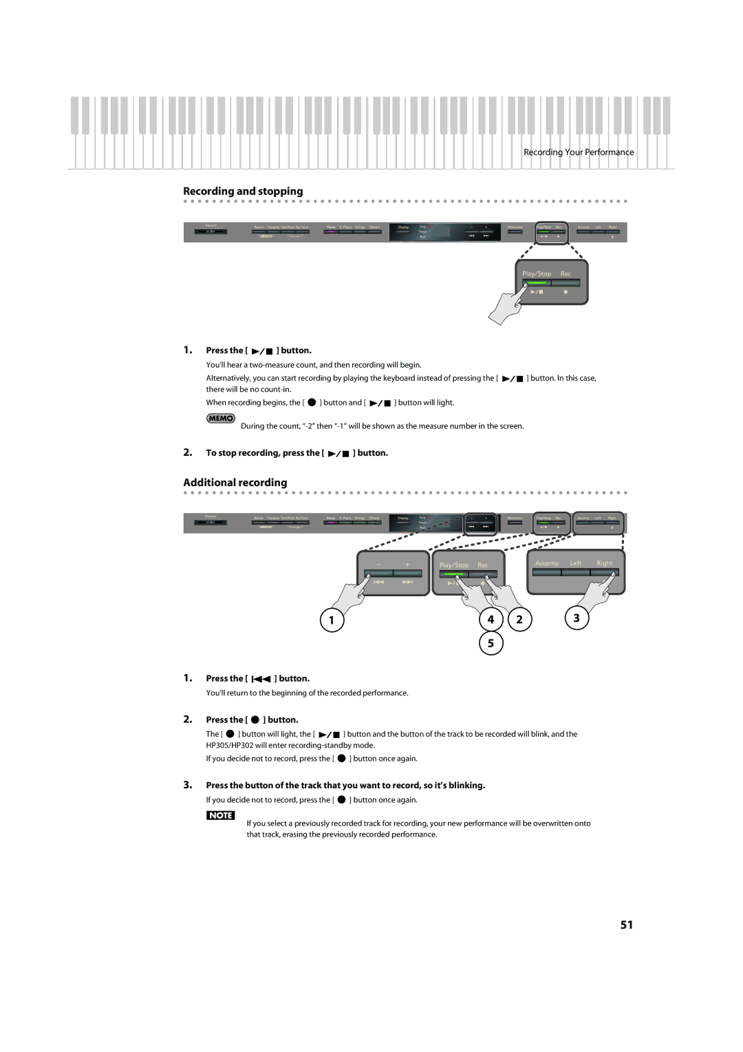 Roland HP302, HP305 Recording and stopping, Additional recording, To stop recording, press the button 