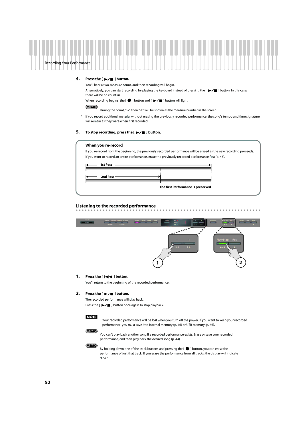 Roland HP305, HP302 important safety instructions Listening to the recorded performance, When you re-record 