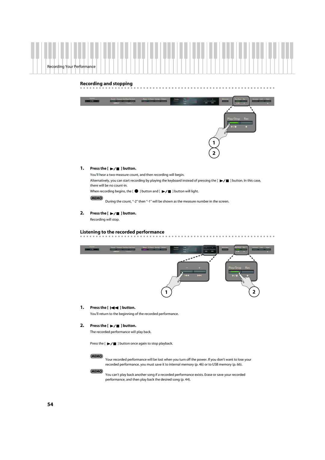 Roland HP305, HP302 important safety instructions Recording and stopping 