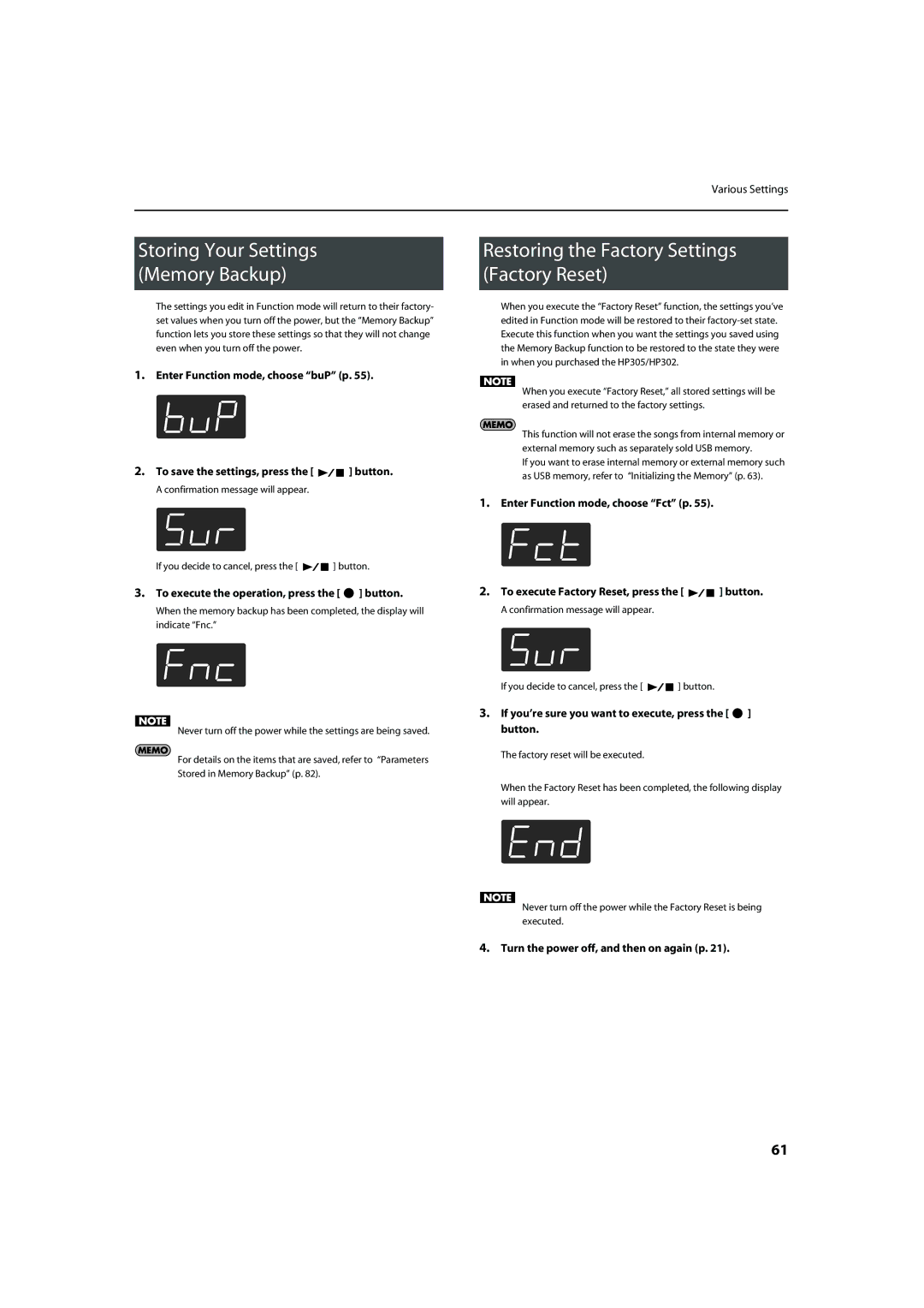 Roland HP302, HP305 Storing Your Settings Memory Backup, Restoring the Factory Settings Factory Reset 