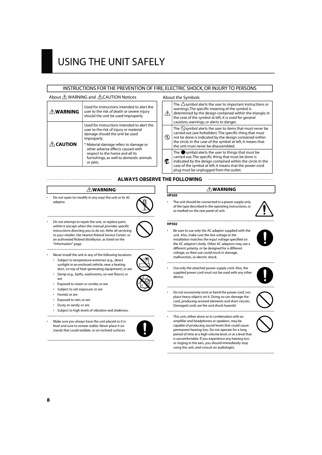 Roland HP305, HP302 important safety instructions Using the Unit Safely 