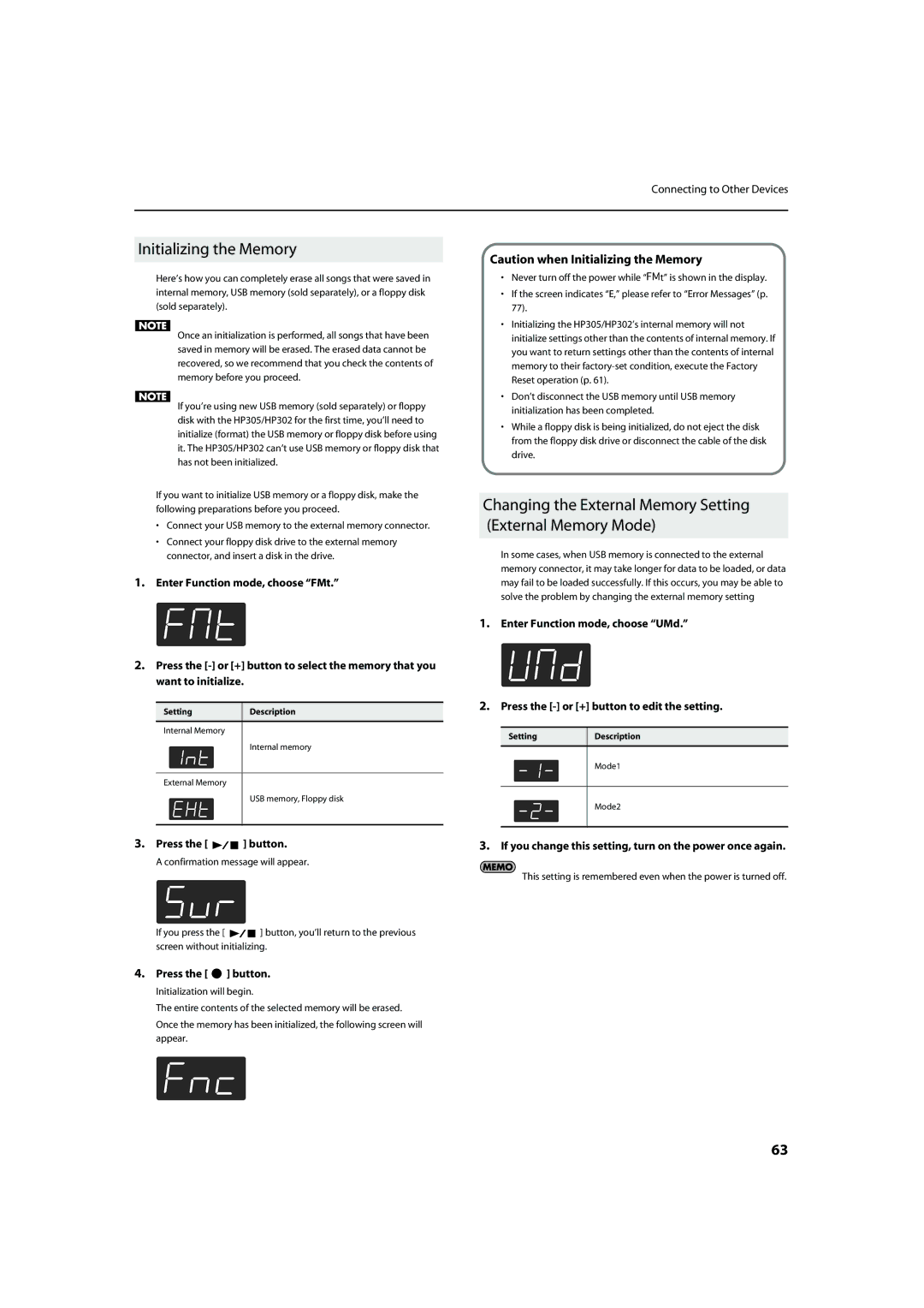 Roland HP302, HP305 Initializing the Memory, Changing the External Memory Setting External Memory Mode 