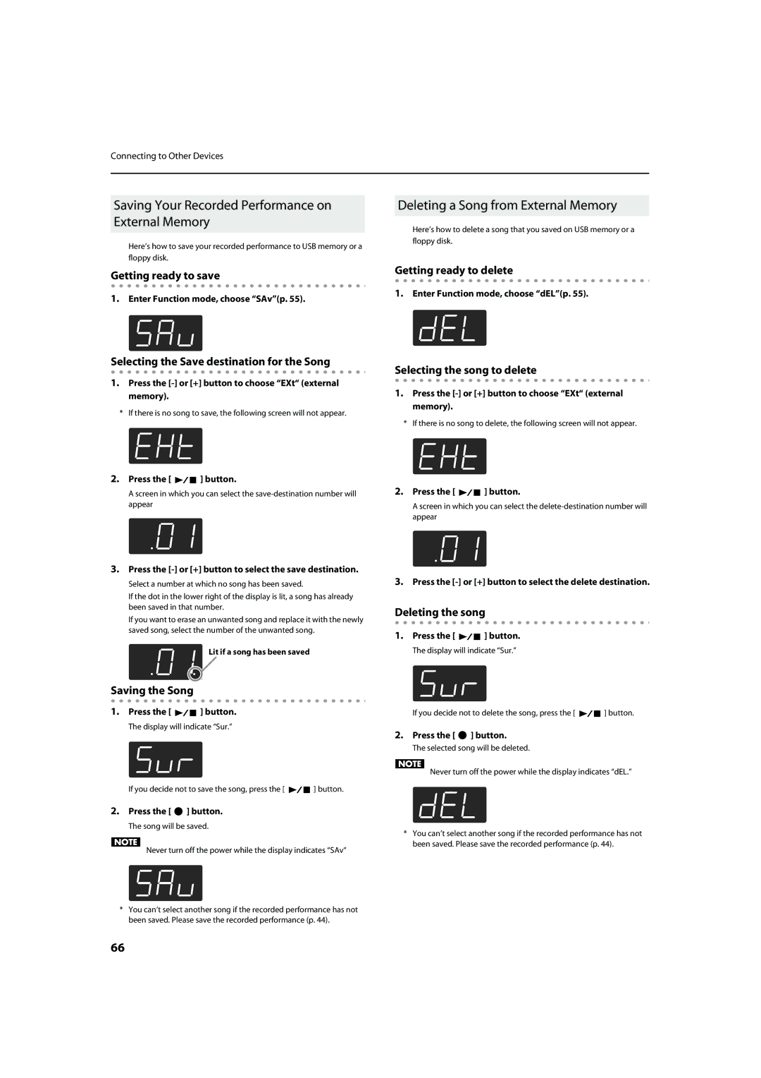 Roland HP305 Saving Your Recorded Performance on External Memory, Deleting a Song from External Memory, Saving the Song 