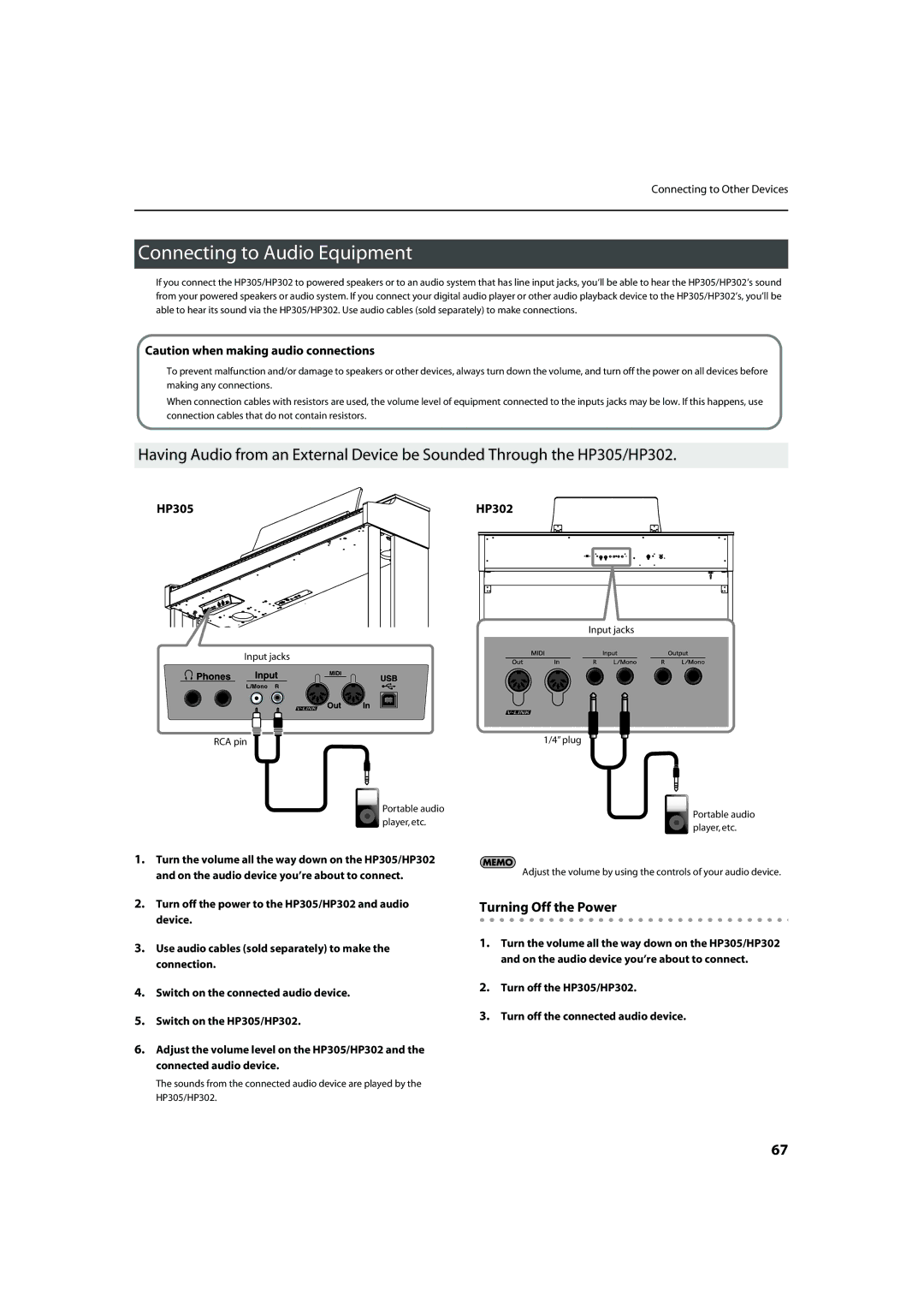 Roland important safety instructions Connecting to Audio Equipment, Turning Off the Power, HP305 HP302 