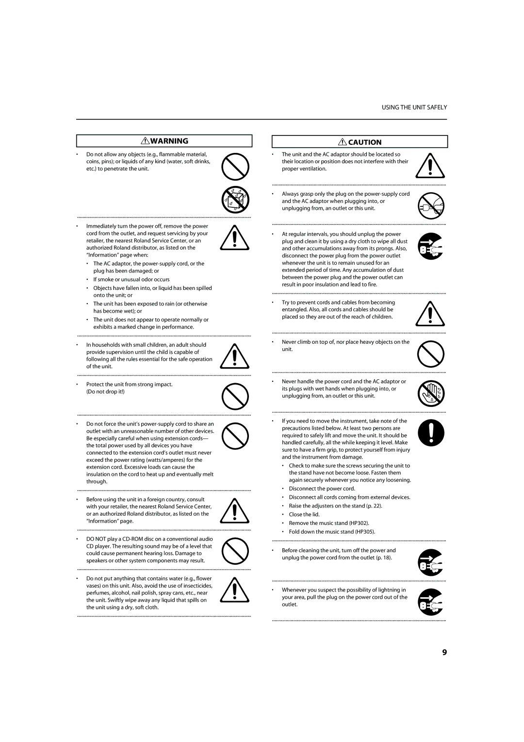 Roland HP302, HP305 important safety instructions Using the Unit Safely 