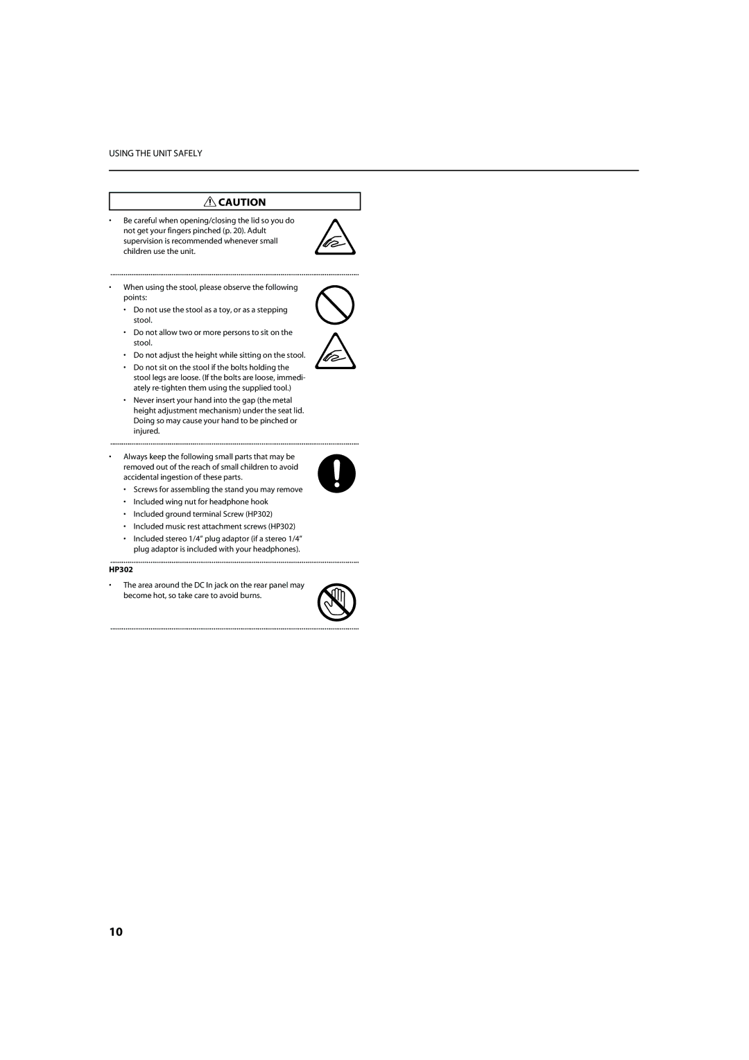 Roland HP305, HP302 important safety instructions Using the Unit Safely 