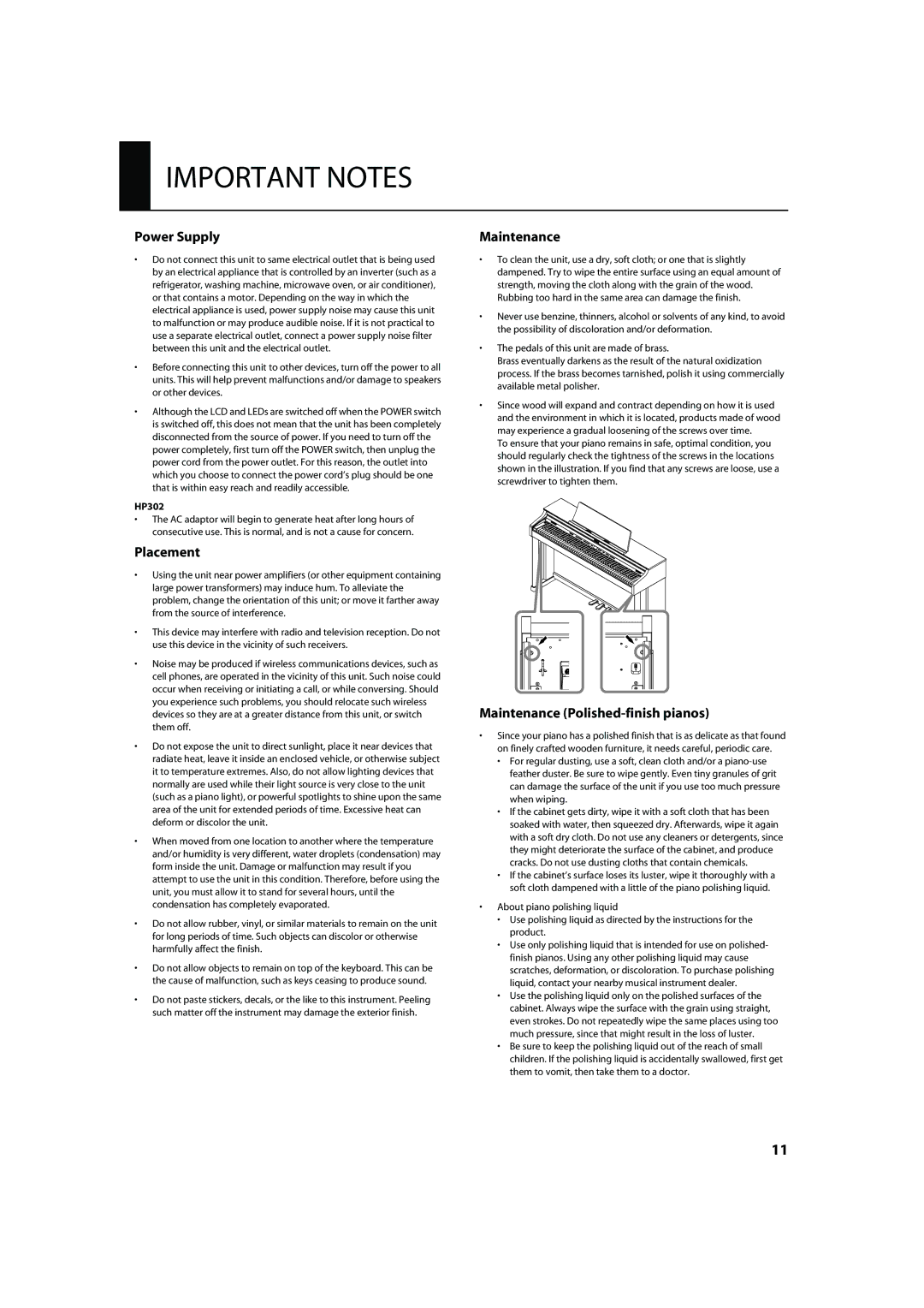 Roland HP302, HP305 important safety instructions Power Supply, Placement, Maintenance Polished-finish pianos 