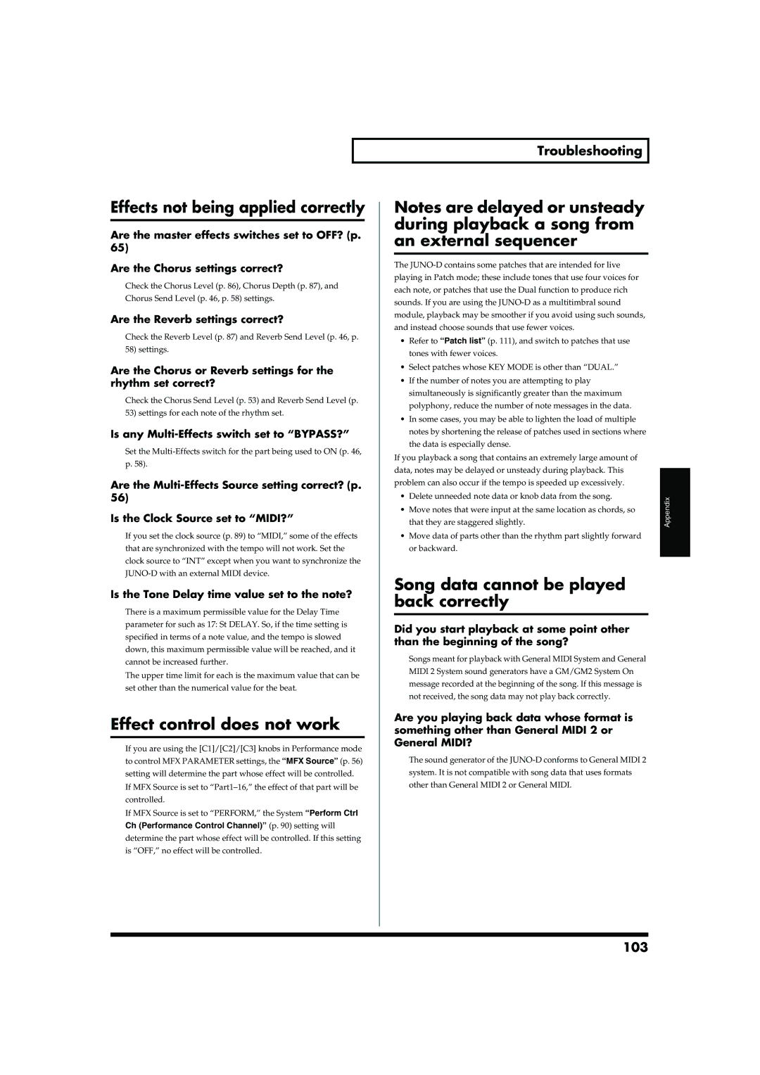 Roland JUNO-D Effects not being applied correctly, Effect control does not work, Song data cannot be played back correctly 