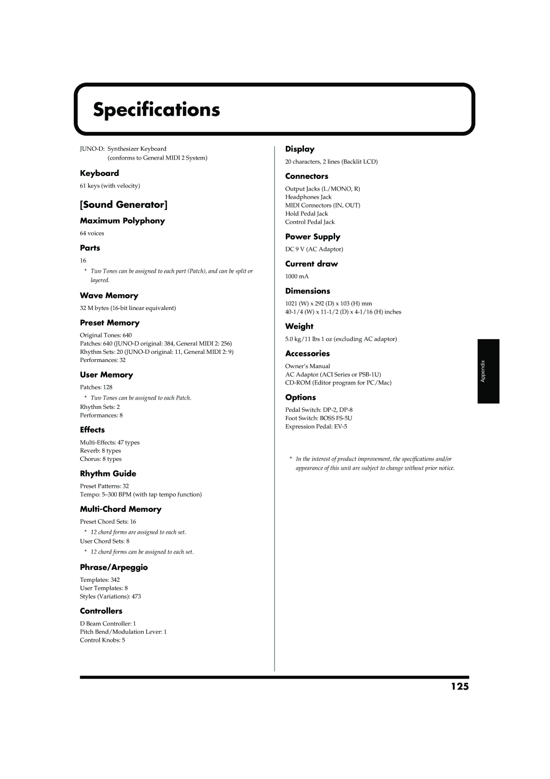 Roland JUNO-D owner manual Specifications, Sound Generator, 125 