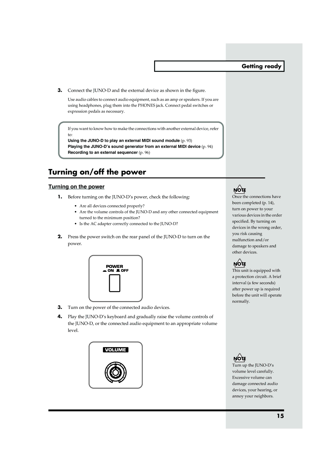 Roland JUNO-D owner manual Turning on/off the power, Getting ready 