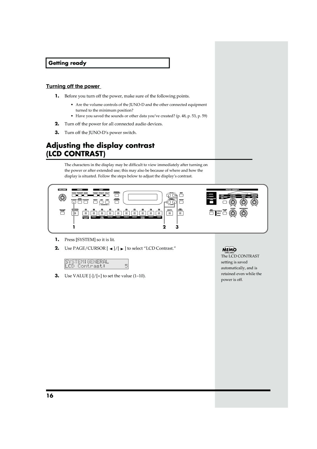 Roland JUNO-D owner manual Adjusting the display contrast, Getting ready Turning off the power 