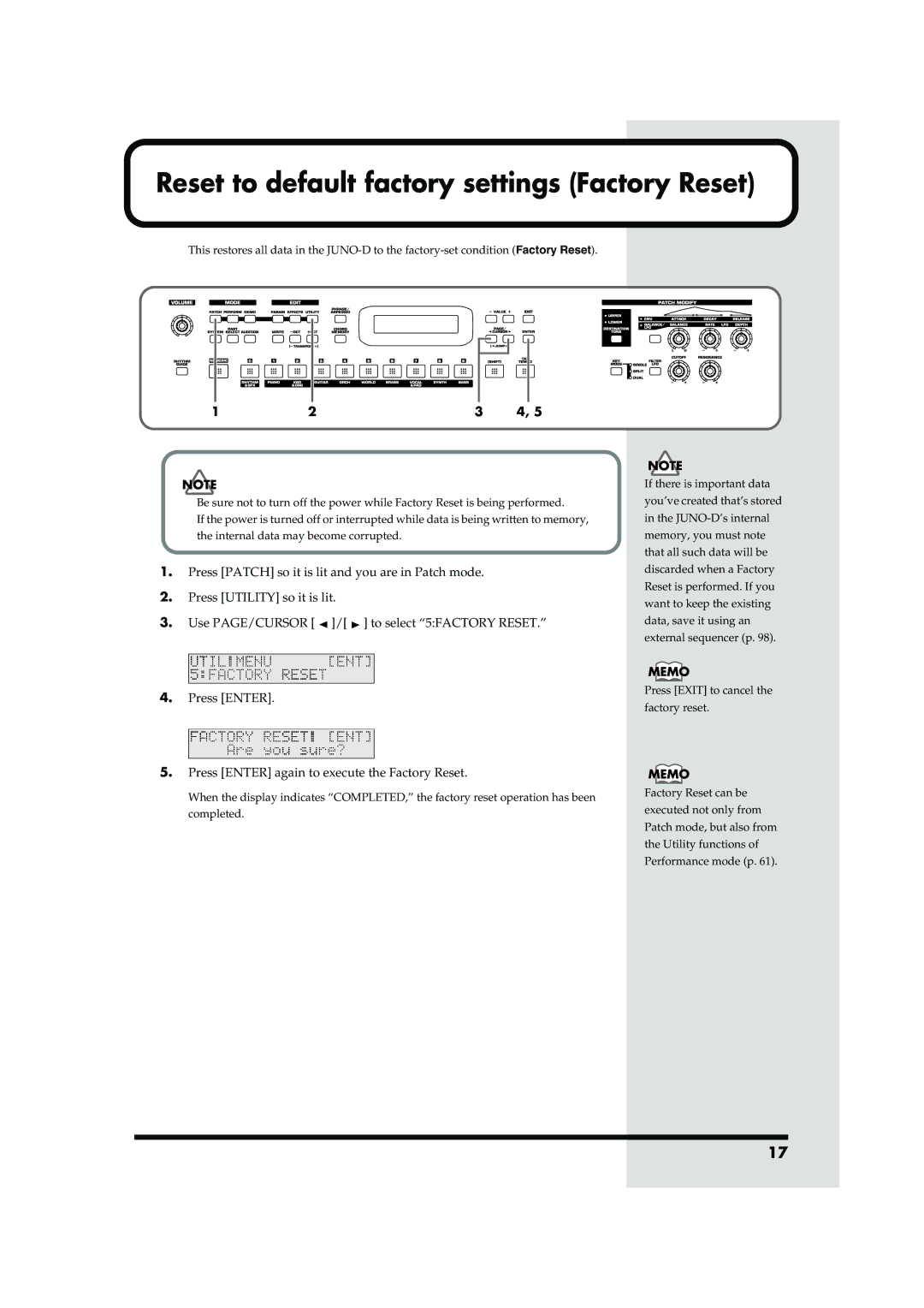 Roland JUNO-D owner manual Reset to default factory settings Factory Reset 