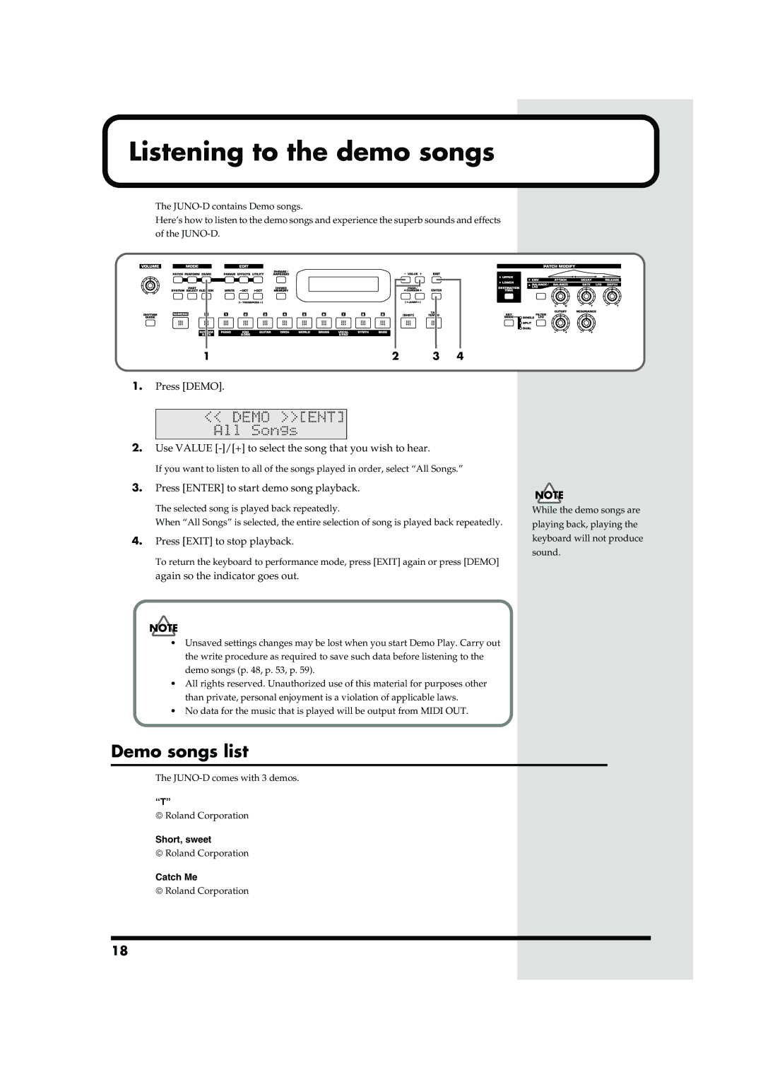 Roland JUNO-D owner manual Listening to the demo songs, Demo songs list 