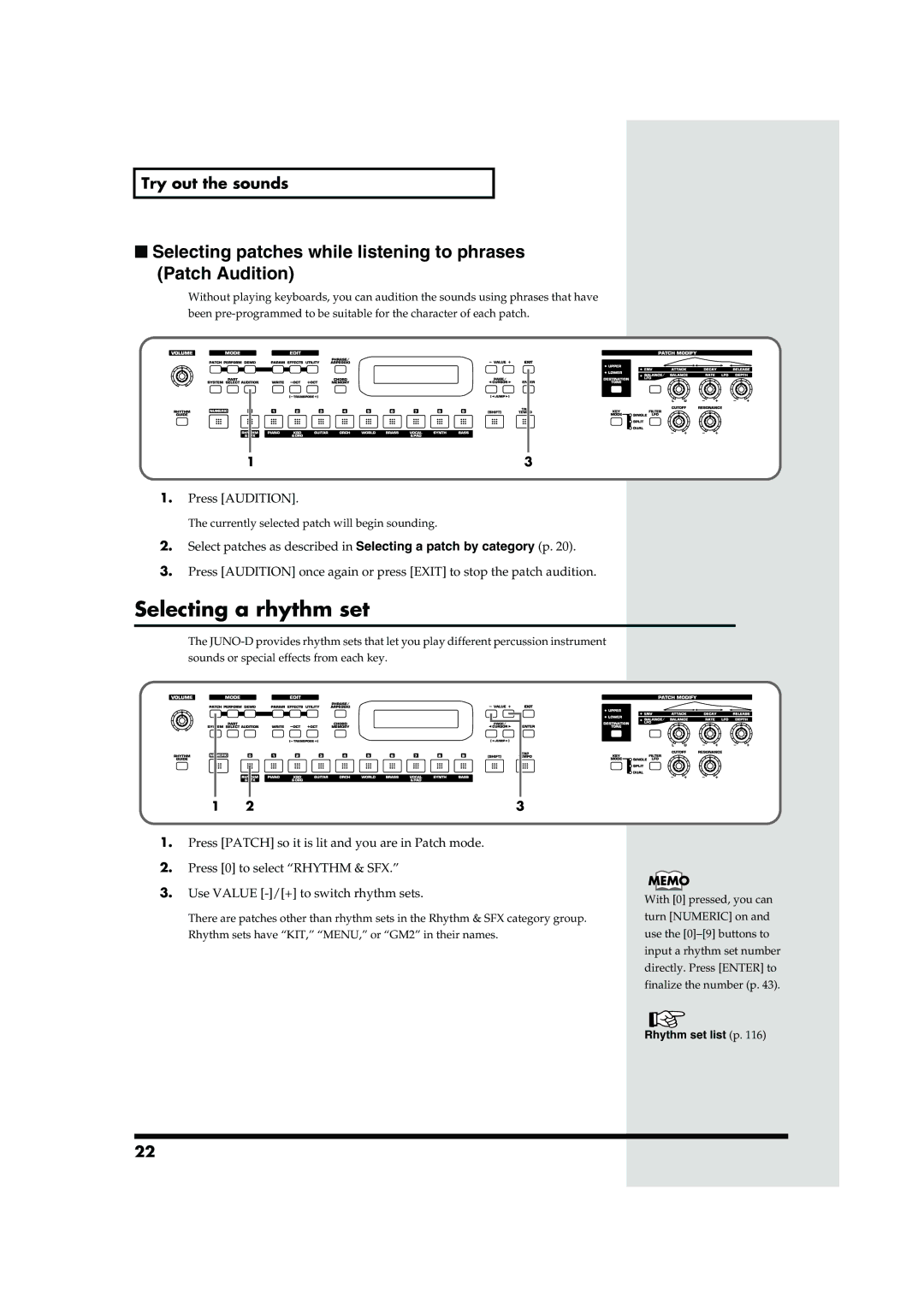 Roland JUNO-D owner manual Selecting a rhythm set, Selecting patches while listening to phrases Patch Audition 