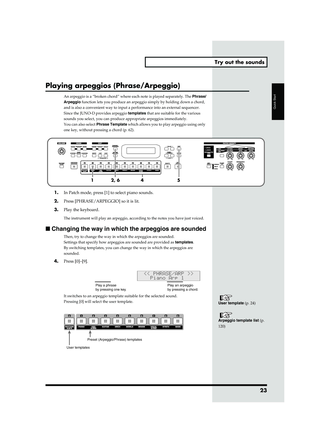 Roland JUNO-D owner manual Playing arpeggios Phrase/Arpeggio, Changing the way in which the arpeggios are sounded 