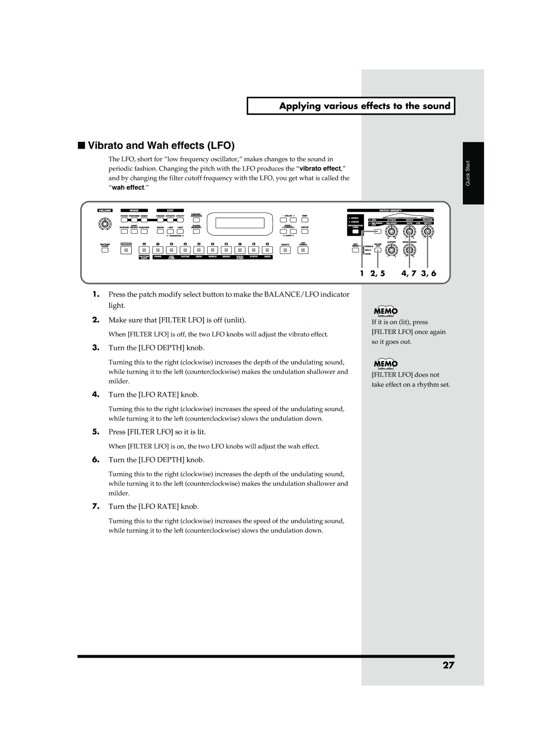 Roland JUNO-D owner manual Vibrato and Wah effects LFO, Applying various effects to the sound 