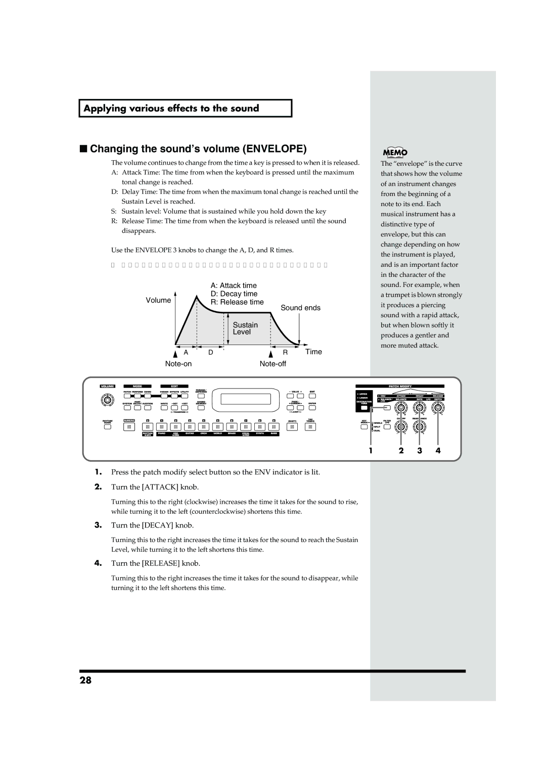 Roland JUNO-D owner manual Changing the sound’s volume Envelope, Turn the Decay knob 