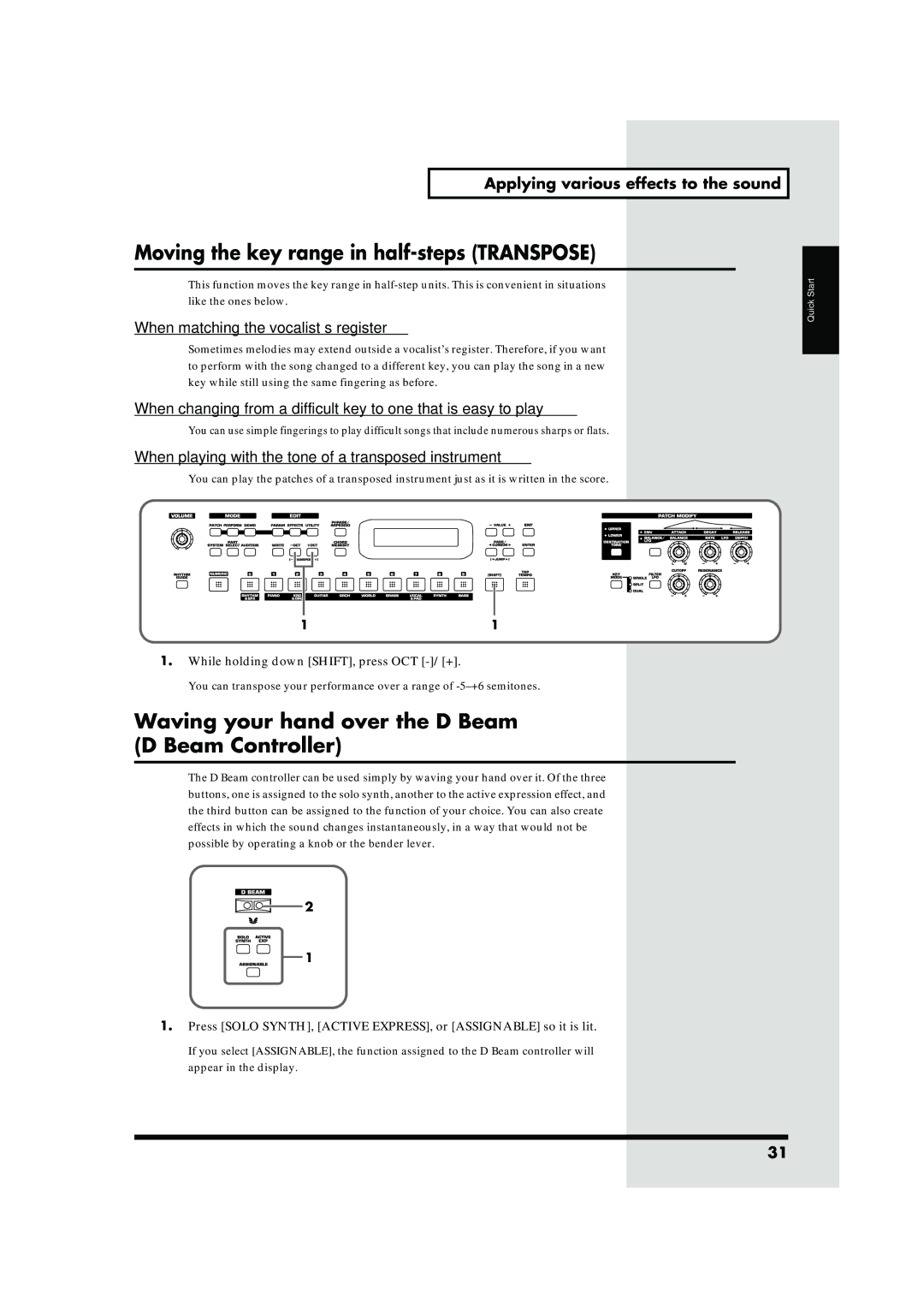 Roland JUNO-D owner manual Moving the key range in half-steps Transpose, Waving your hand over the D Beam D Beam Controller 