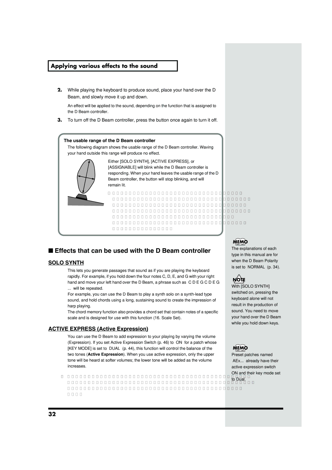 Roland JUNO-D owner manual Effects that can be used with the D Beam controller, Usable range of the D Beam controller 