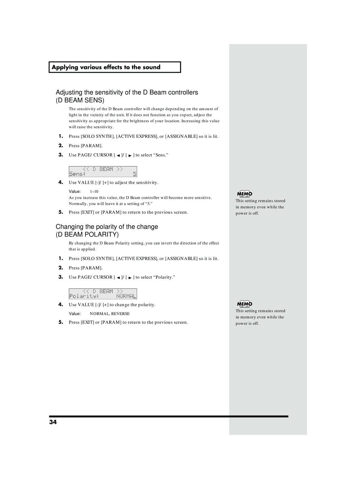 Roland JUNO-D owner manual Adjusting the sensitivity of the D Beam controllers, Changing the polarity of the change 