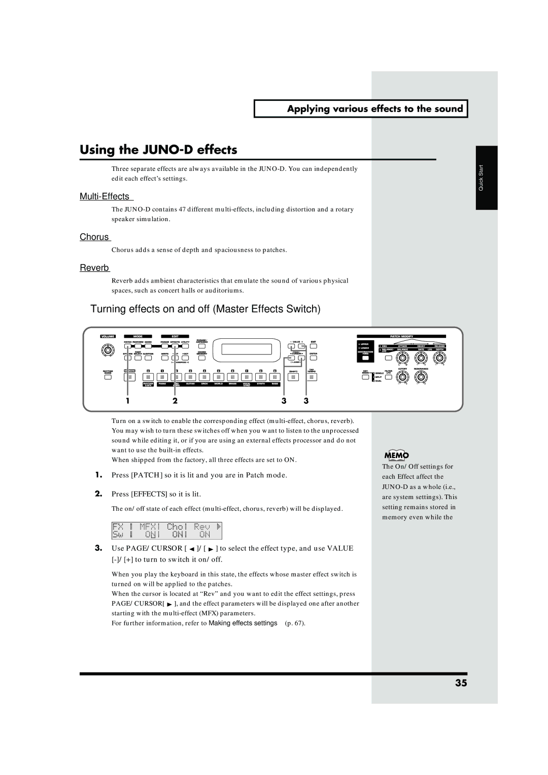 Roland owner manual Using the JUNO-D effects, Turning effects on and off Master Effects Switch 