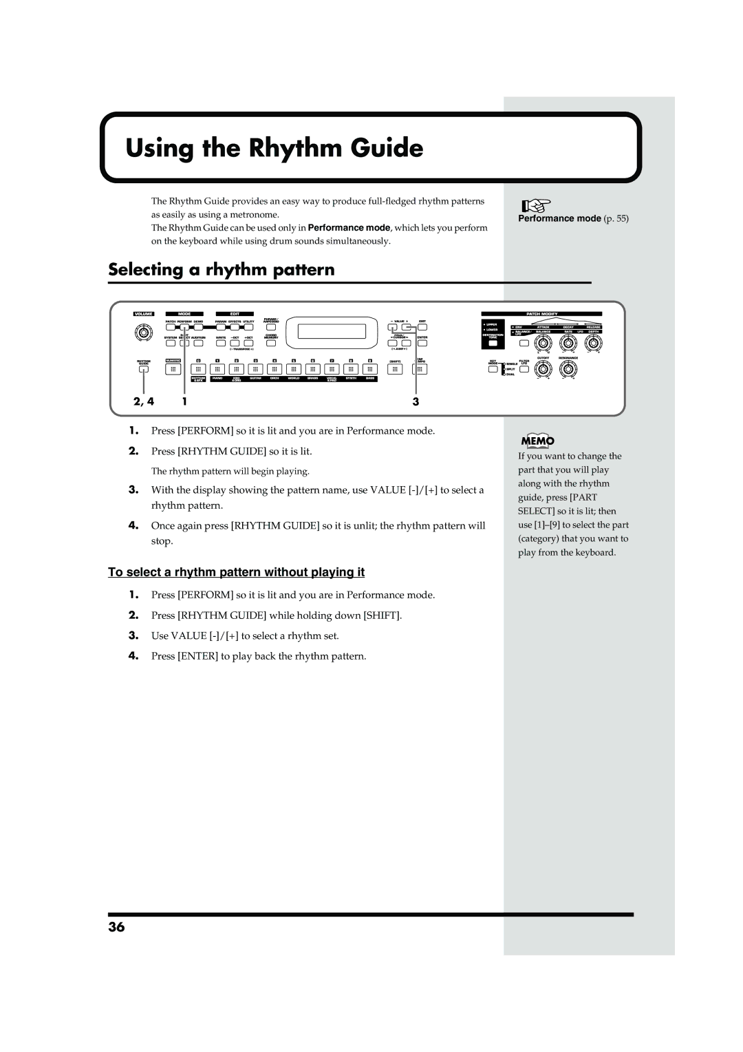 Roland JUNO-D owner manual Using the Rhythm Guide, Selecting a rhythm pattern, Performance mode p 