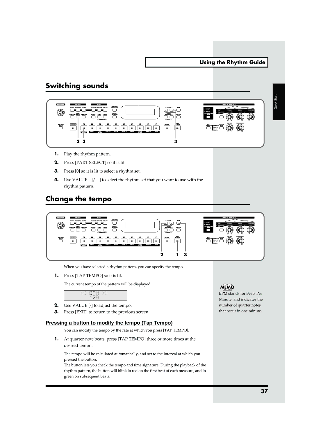 Roland JUNO-D owner manual Switching sounds, Change the tempo, Using the Rhythm Guide 