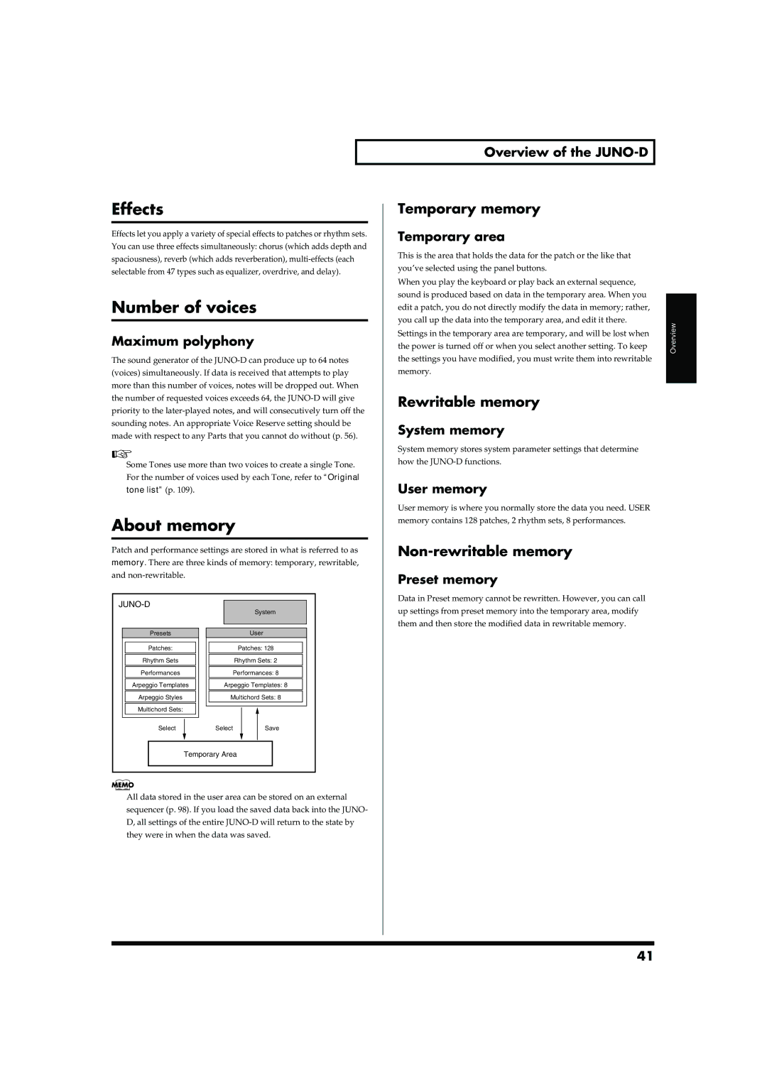 Roland JUNO-D owner manual Effects, Number of voices, About memory 