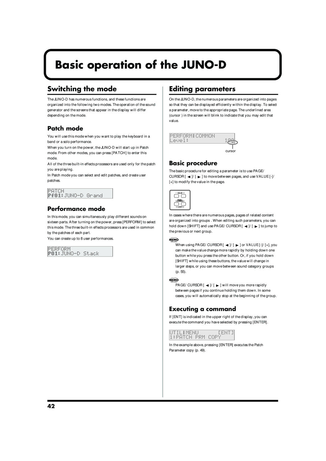 Roland owner manual Basic operation of the JUNO-D, Switching the mode, Editing parameters 