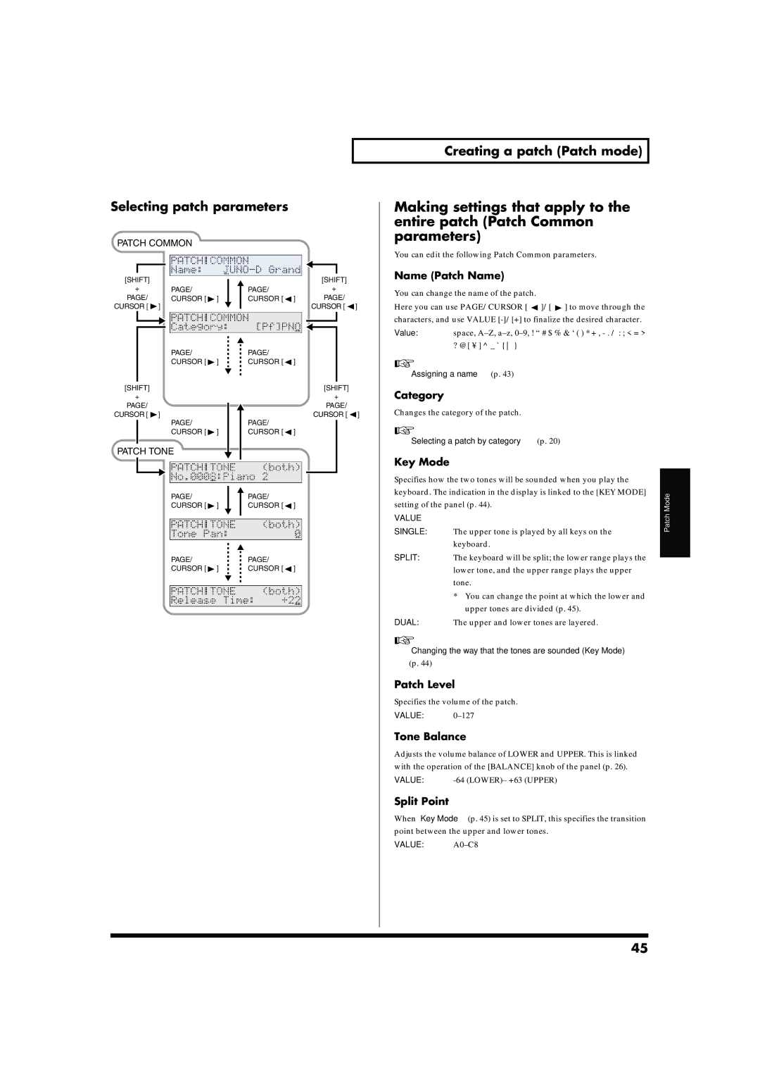 Roland JUNO-D owner manual Selecting patch parameters, Creating a patch Patch mode 