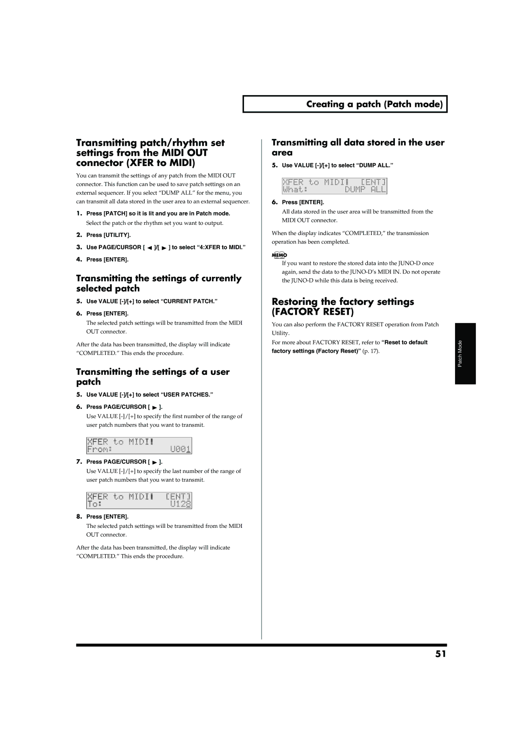 Roland JUNO-D Restoring the factory settings, Factory Reset, Transmitting the settings of currently selected patch 