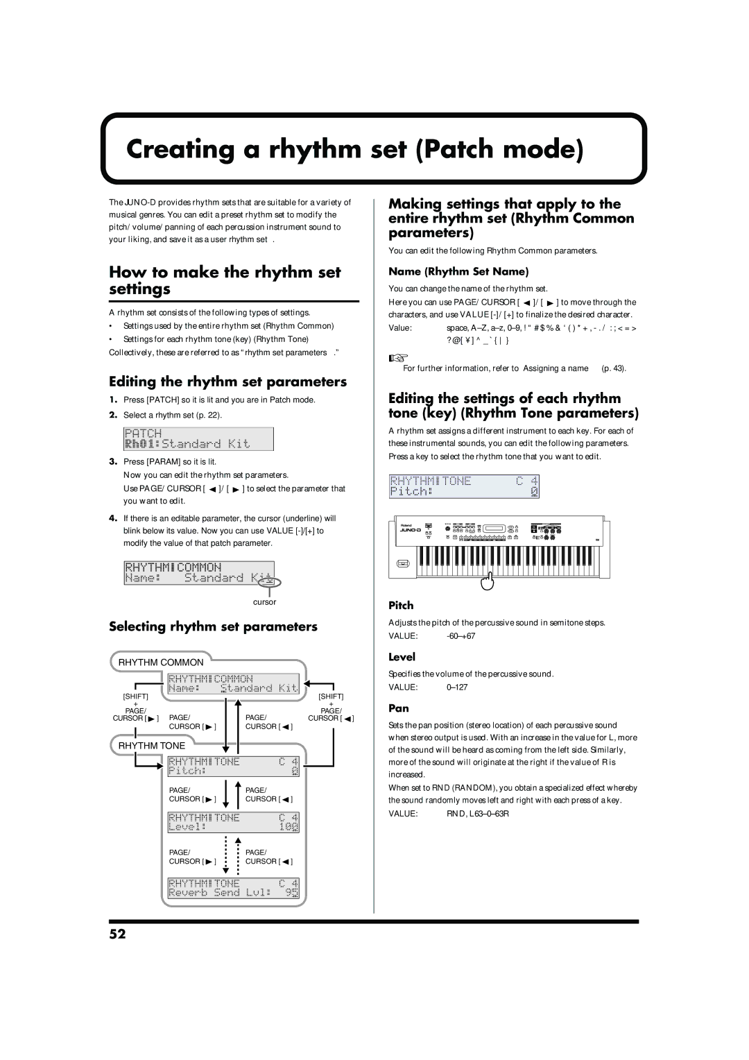 Roland JUNO-D Creating a rhythm set Patch mode, How to make the rhythm set settings, Editing the rhythm set parameters 