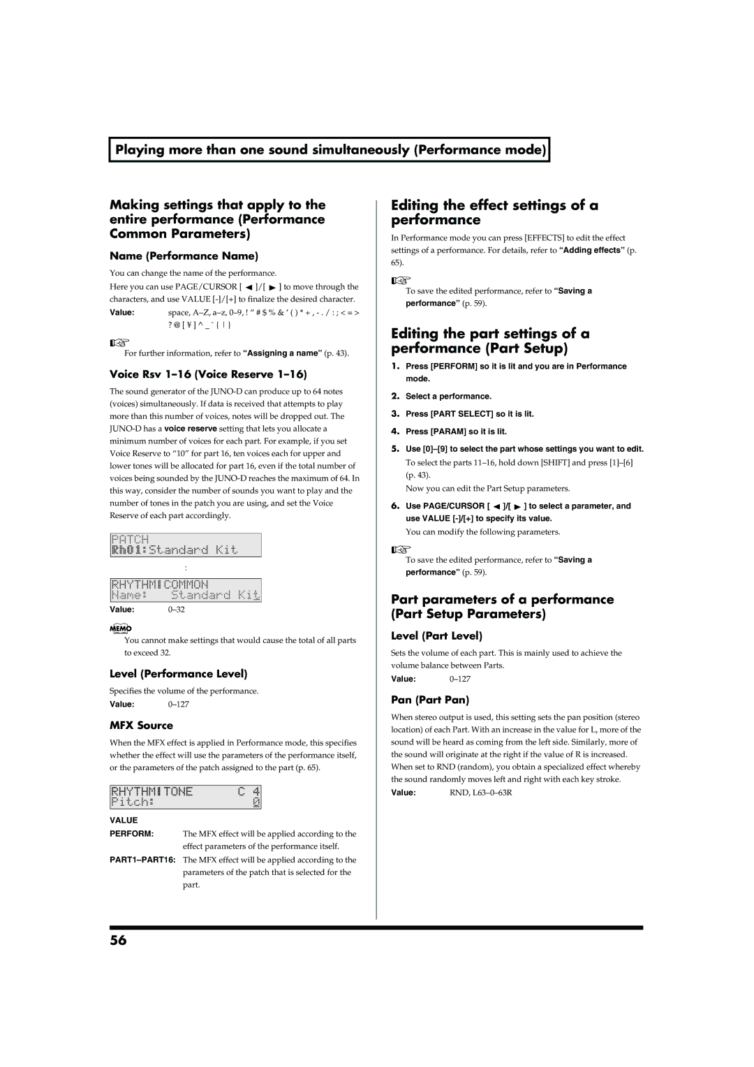 Roland JUNO-D Editing the effect settings of a performance, Editing the part settings of a performance Part Setup 
