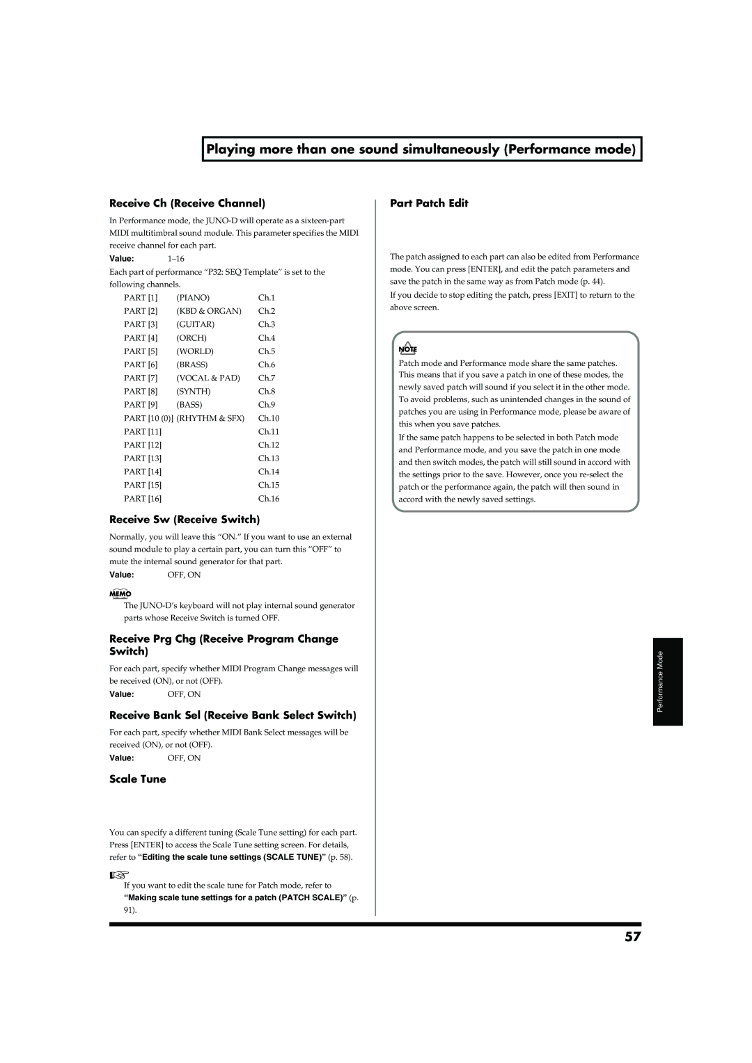 Roland JUNO-D owner manual Playing more than one sound simultaneously Performance mode 