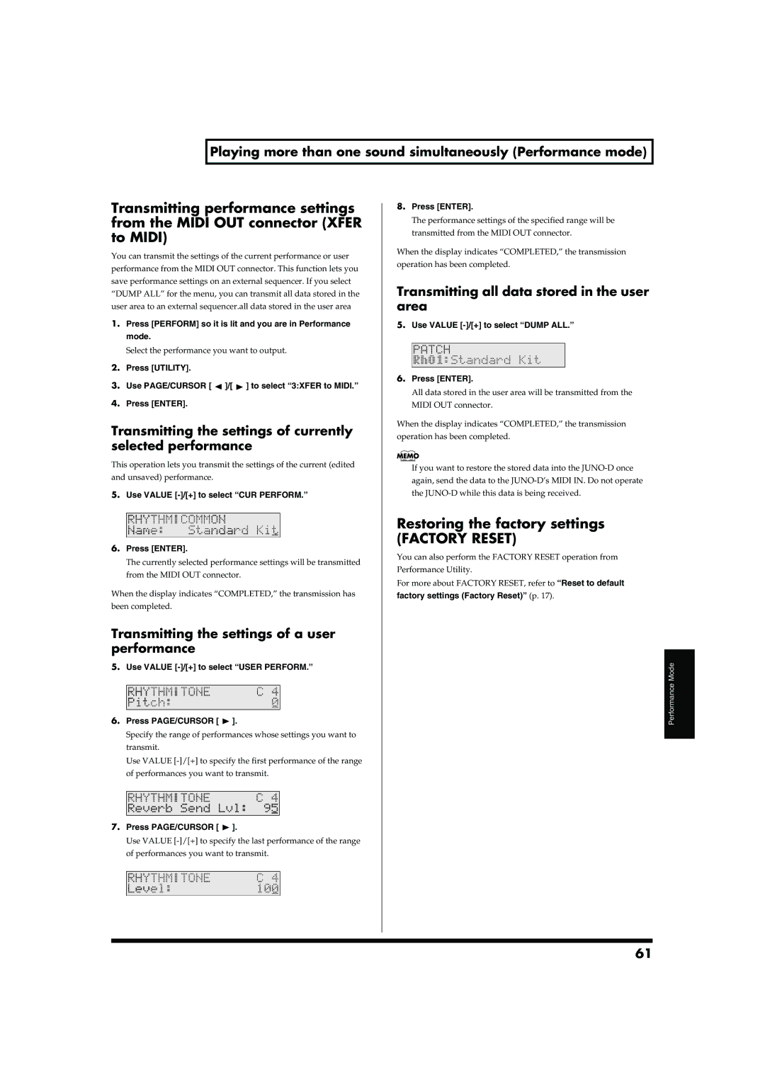 Roland JUNO-D Transmitting the settings of currently selected performance, Transmitting the settings of a user performance 
